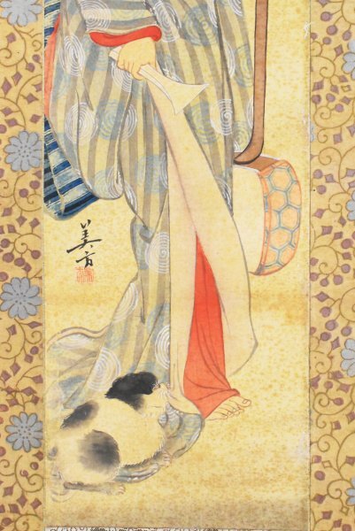 【模写】B2743 柴田美方「美人画」絹本 水野年方師事 三味線 猫 人が書いたもの_画像4