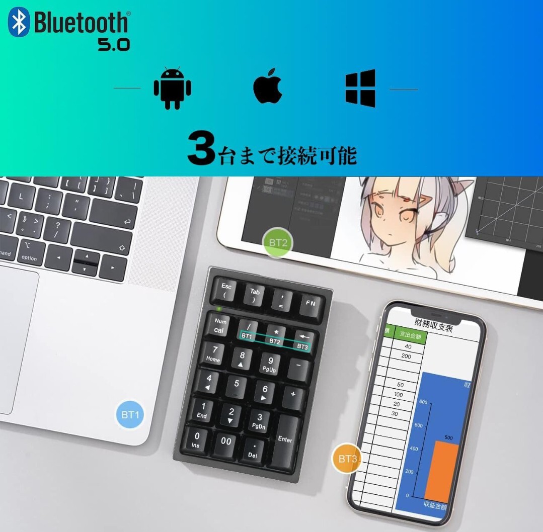 Bluetooth5.0+有線テンキー KcBlueJPメカニカル式 数字キーボード3台までのデバイス同時接続Tabキー付耐久性 Type-C充電式人間工学設計A52
