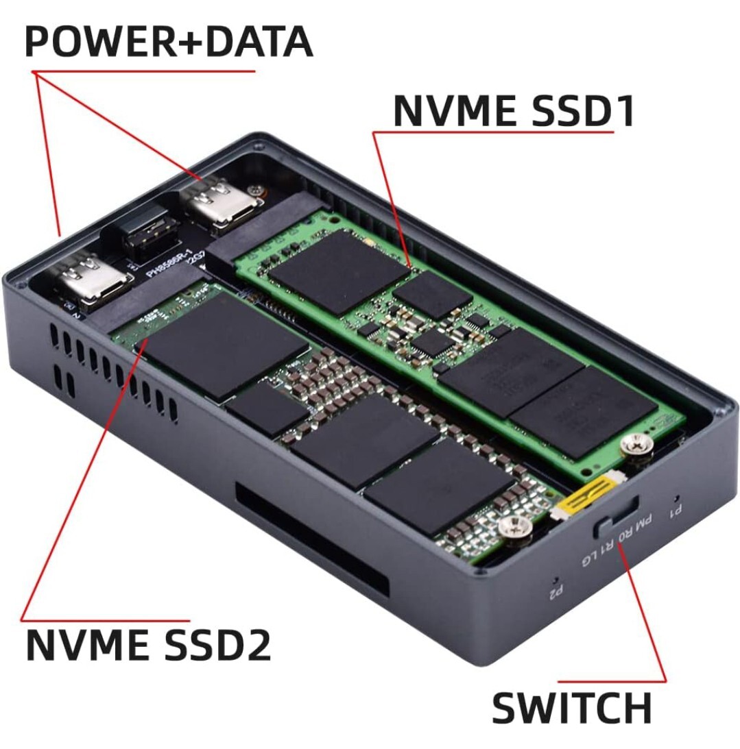 NFHK デュアルNVME M.2 NGFF Mキー - USB-C Type-C Raid0 Raid1 JOBD ビッグエンクロージャ 20Gbps ファンRaid0ハイパーアダプター付きA49