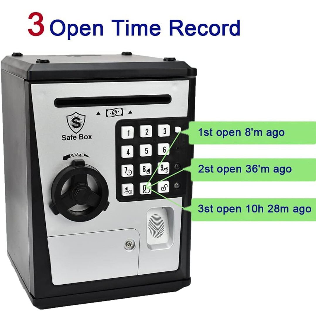 指紋認証システムを真似たデザインを持つ貯金箱。解錠時間を記録する子供用小型金庫、紙幣を自動で吸い込む面白い機能付きです (SILVER)A34の画像5