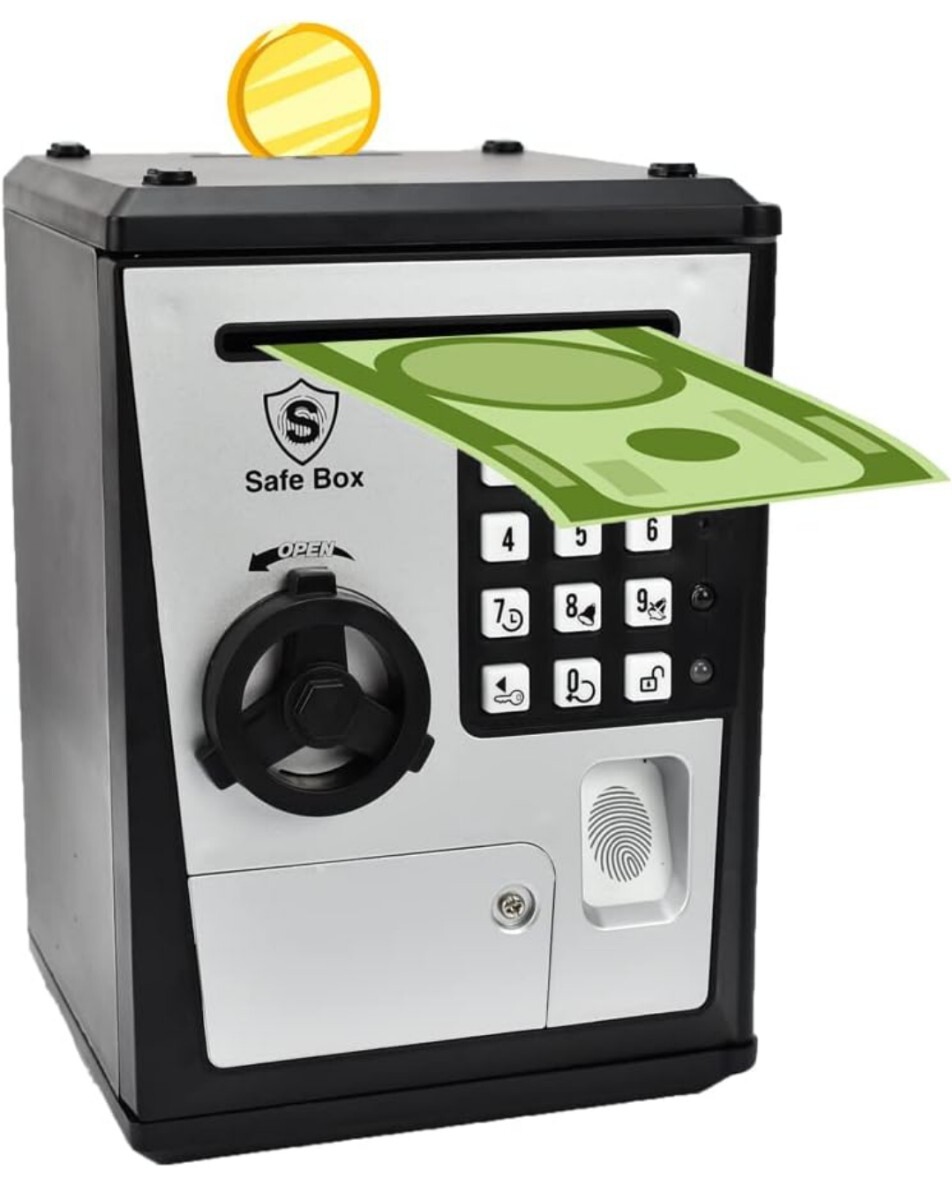 指紋認証システムを真似たデザインを持つ貯金箱。解錠時間を記録する子供用小型金庫、紙幣を自動で吸い込む面白い機能付きです (SILVER)A34の画像2