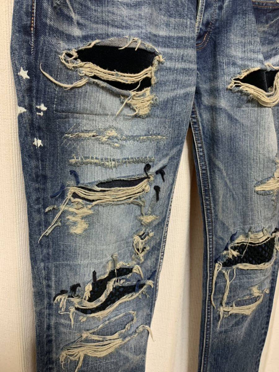 00's RARE tetei ド根性デニムパンツ star DENIM PANTS クラッシュ ダメージ メッシュリペアデニムパンツ テテイ Archive vintage Y2K_画像3