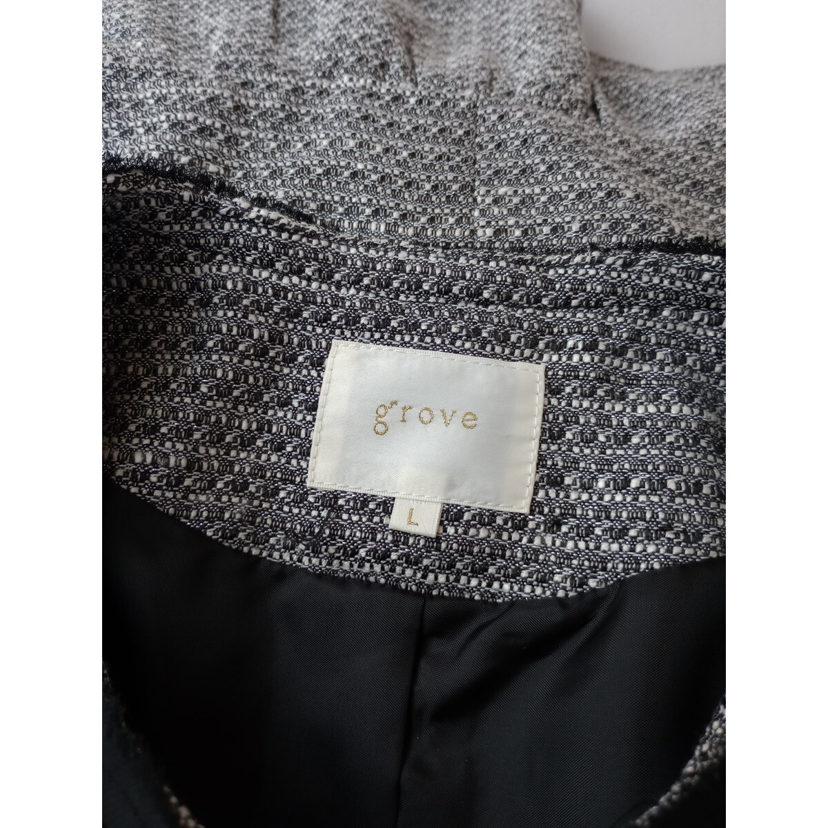 grove グローブ「私を上品に印象付ける」ラメ ツイード ノーカラー ジャケット フォーマル セレモニー L 黒 ブラック (24Y+9191)_画像5