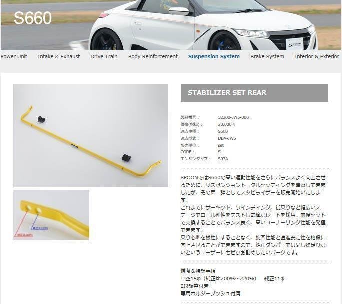 SPOON SPORTS　ホンダ　S660　JW5　スタビライザーセット　フロント+リア　新品_画像3