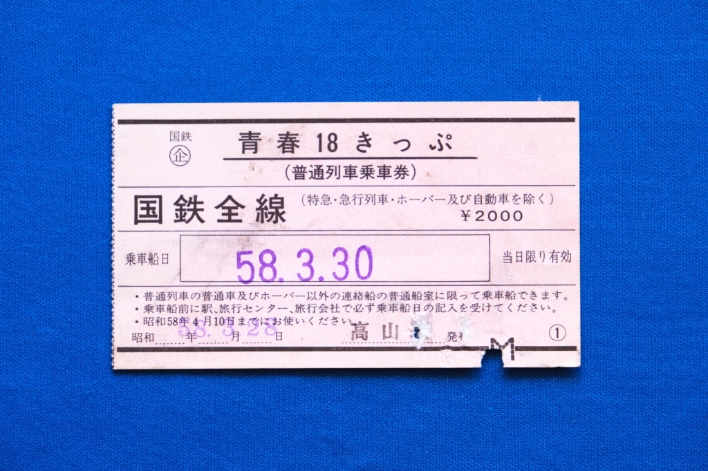 青春１８きっぷ 国鉄全線 2000円 赤券 １日券 昭和58年 使用済み １枚【中古】_画像1