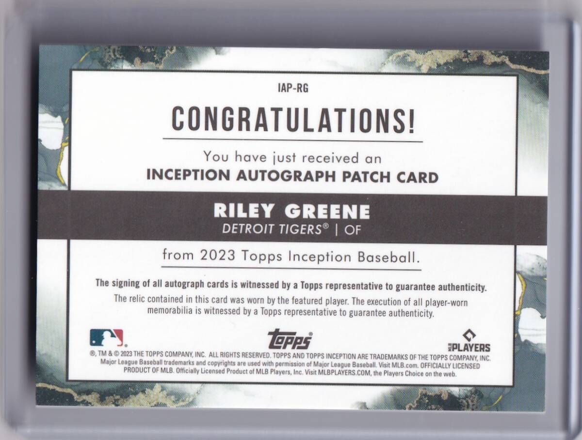 [149枚限定] MLBカード 2023 Topps Inception Riley Greene Inception Autographed Patch RC ルーキー /149 Detroid Tigersの画像2