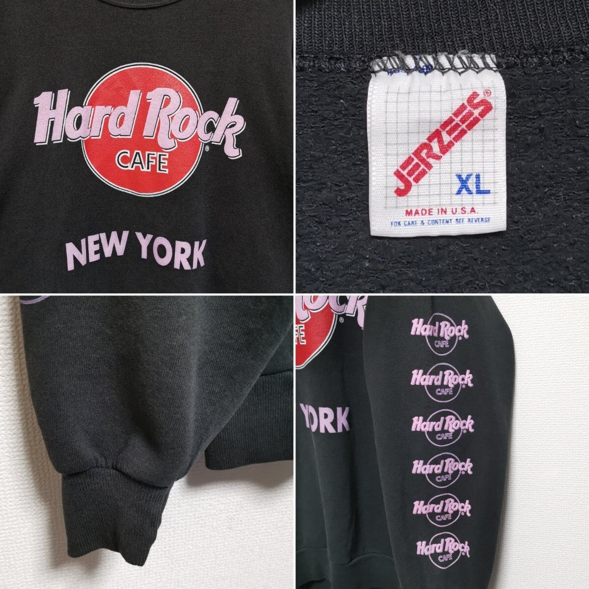 即決 XL 80s ハードロックカフェ HARDROCK CAFE JERZEES スウェット トレーナー 袖プリNEWYORK 黒 USA製_画像3