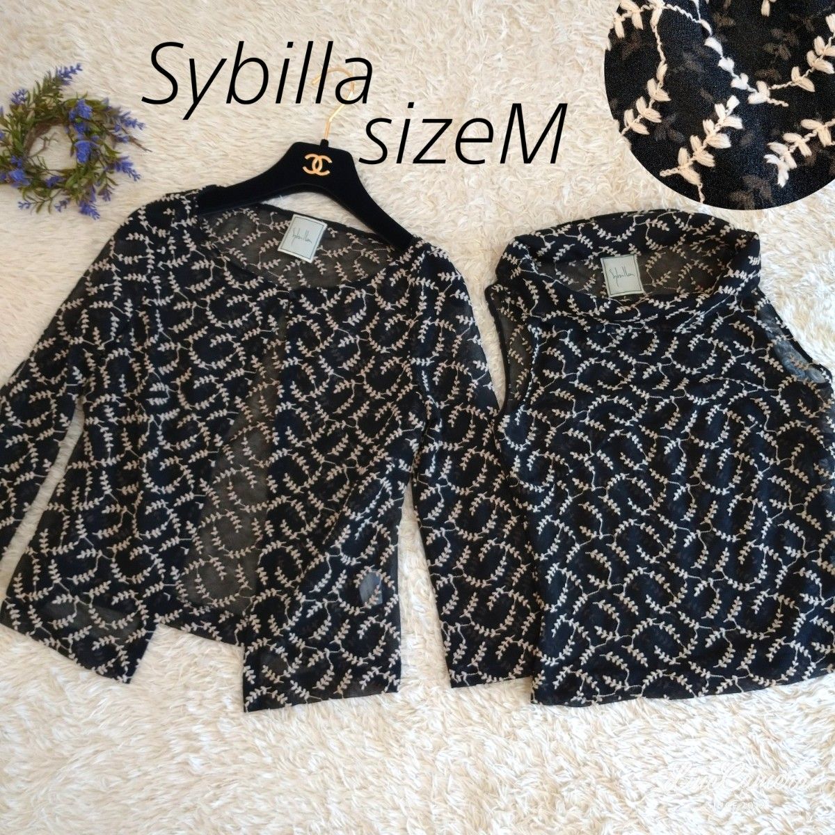 日本製★Sybillaインナーキャミソール付きアンサンブル　刺繍　シースルー　M