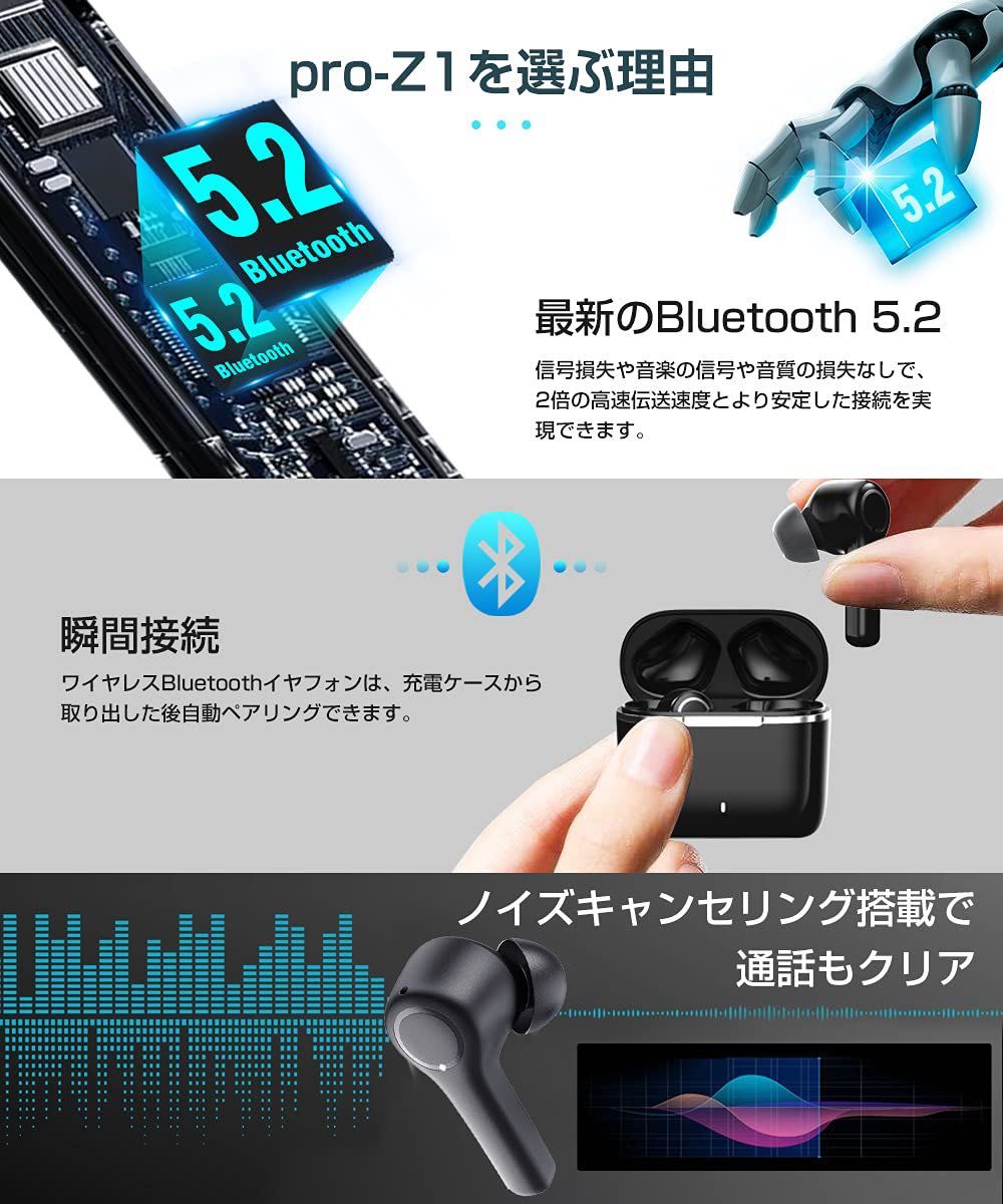 Bluetooth5.2 Soumis ワイヤレスイヤホン イヤホン ノイズキャンセリング 瞬間自動接続 最大30時間連続使用