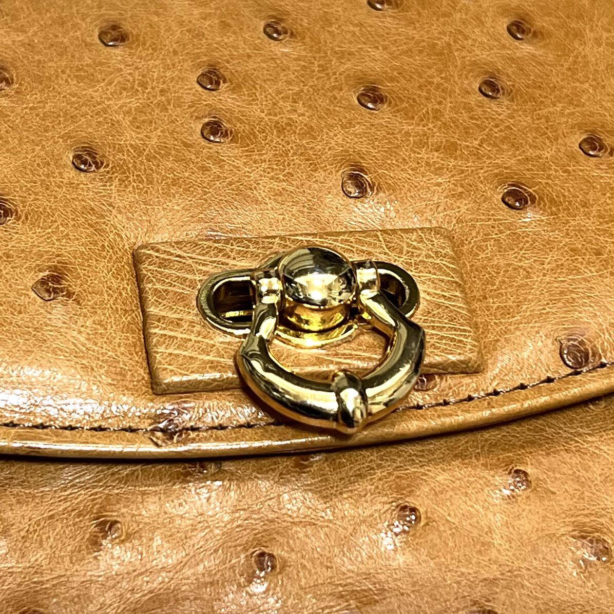 ☆極美品☆ Ostrich leather オーストリッチ ダチョウ革 フルポイント ヴィンテージ 金具 キャメル系色 ハンドバッグ_画像3