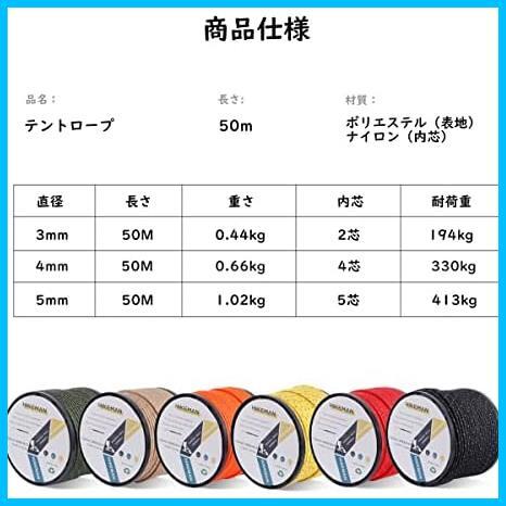 ★(カーキー5ＭＭ)…★ テントロープ パラコード ガイロープ タープ用 張り綱 反射材入り 50m 3mm/4mm/5mm 耐荷重400kg 多機能の画像6