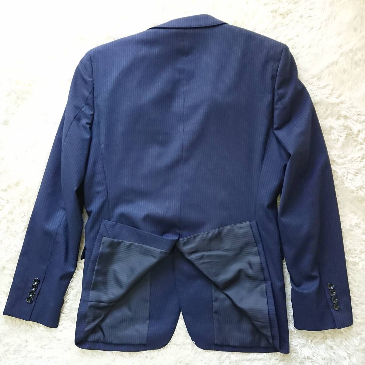 スーツセレクト SUIT SELECT スーツセットアップ テーラードジャケット ストライプ ブルー ウール混 L 総裏地 ２つBの画像8