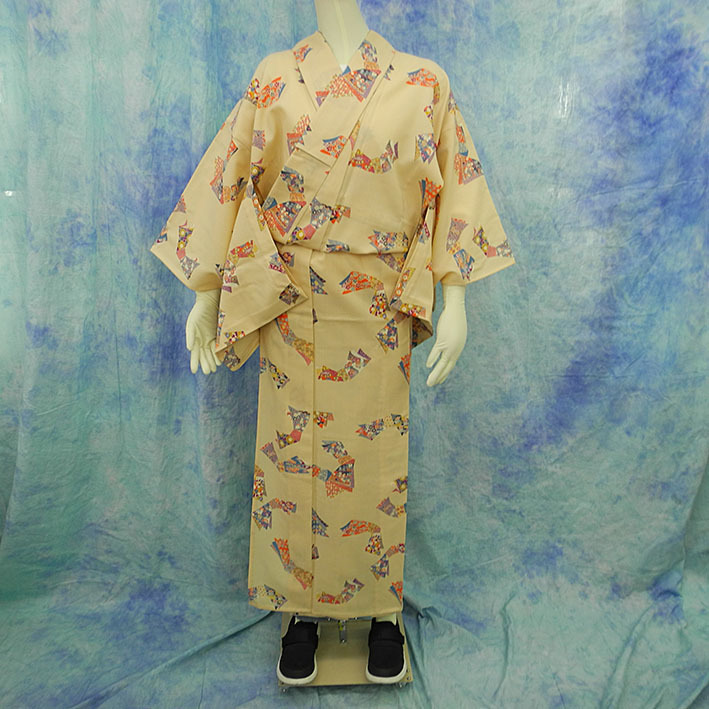 （57）単衣　ウール　wool 羽織　絵羽柄　アンサンブル　着物 pre-owned　　中古　Japanese Kimono　153cm 60inch_画像1