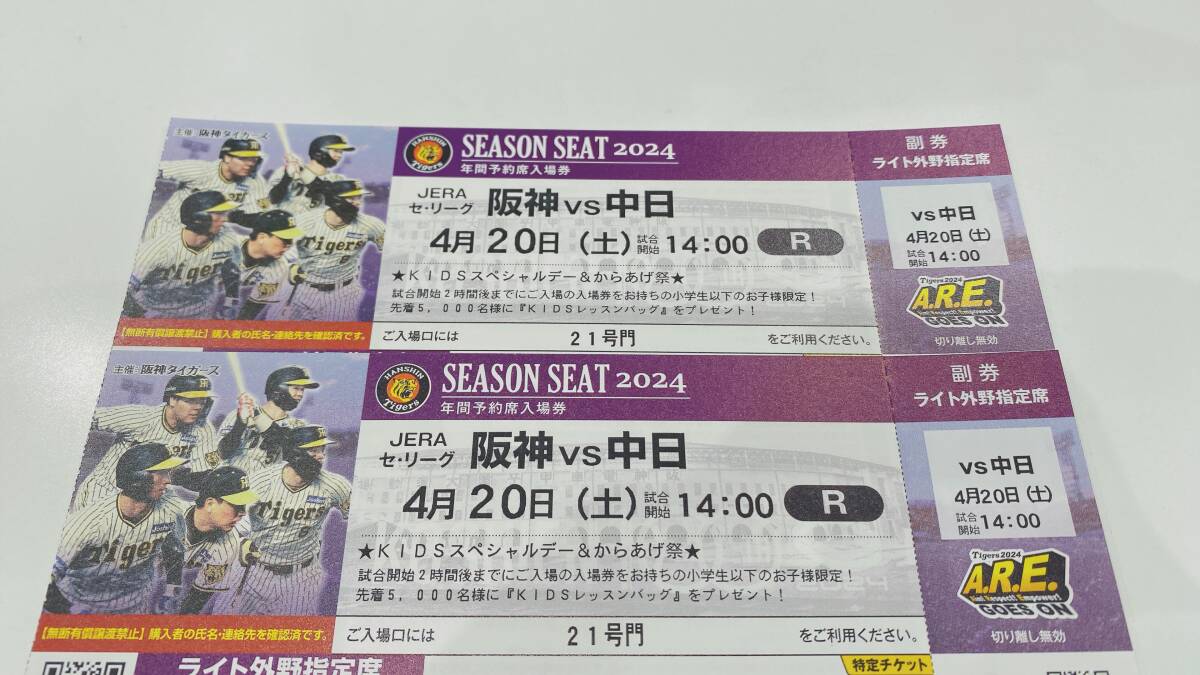 【1円スタート】阪神タイガースvs中日　4月20日土曜日　ライト外野指定席　阪神タイガース専用応援席_画像1