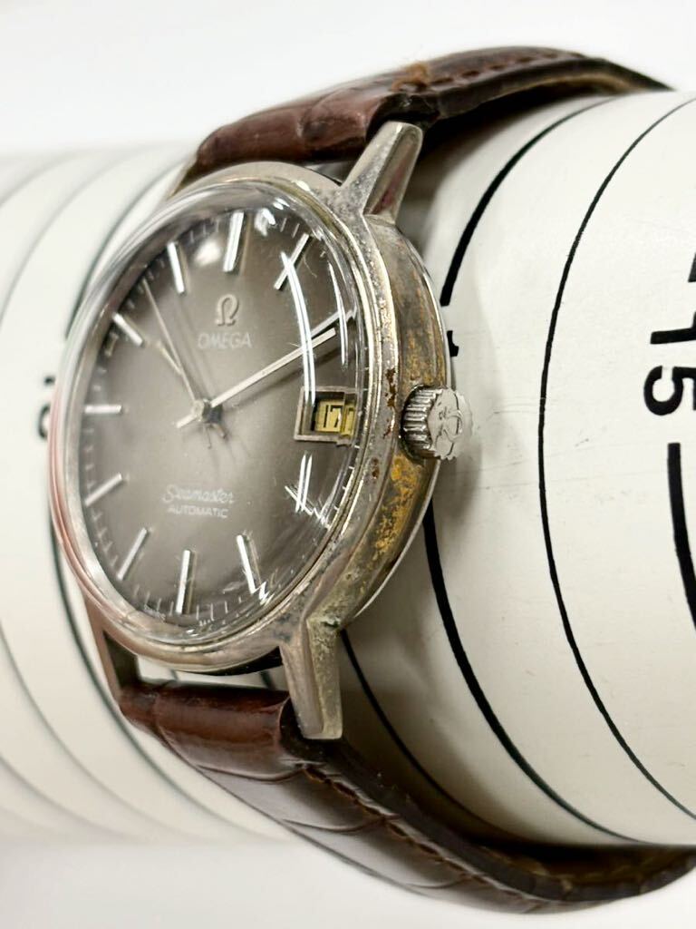 【稼働品】OMEGA オメガ Seamaster シーマスター 自動巻き メンズ腕時計 デイト ブラウン文字盤 社外ベルトの画像3