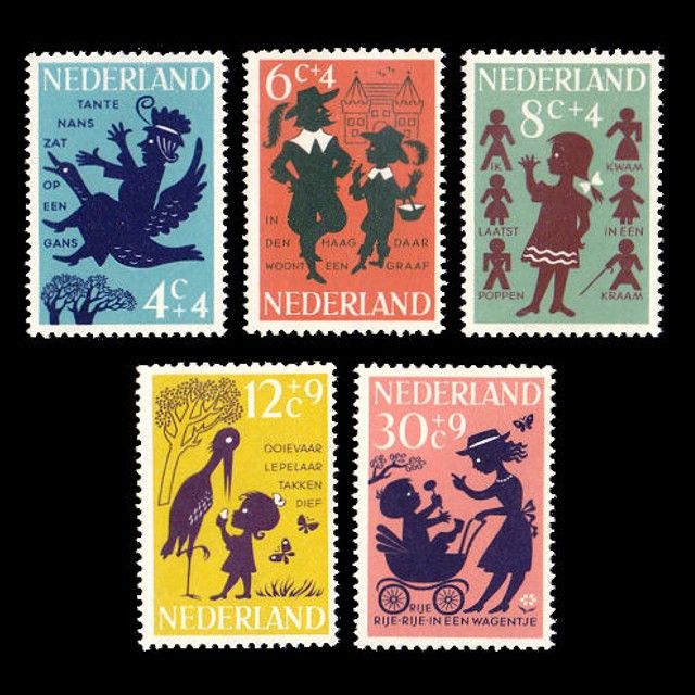 k5520 影絵 童話 オランダ 1963年 外国切手5種 未使用【おとぎ話 童話切手 古切手 海外切手】蒸気猫パーツ