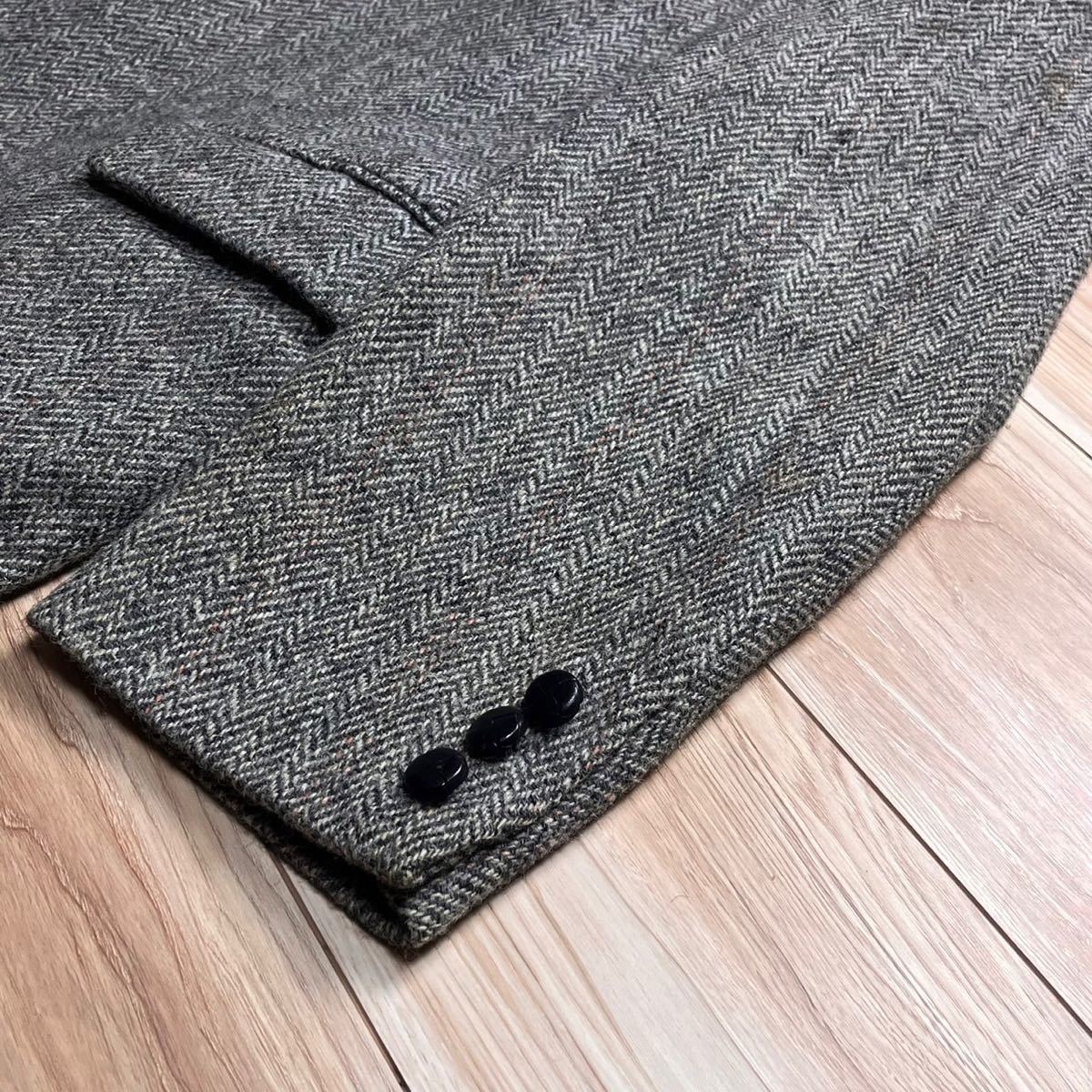 ハリスツイード グレー系 ヘリンボーン Harris Tweed テーラード ジャケット クルミ釦 メンズ 秋冬 XL位 N270の画像5