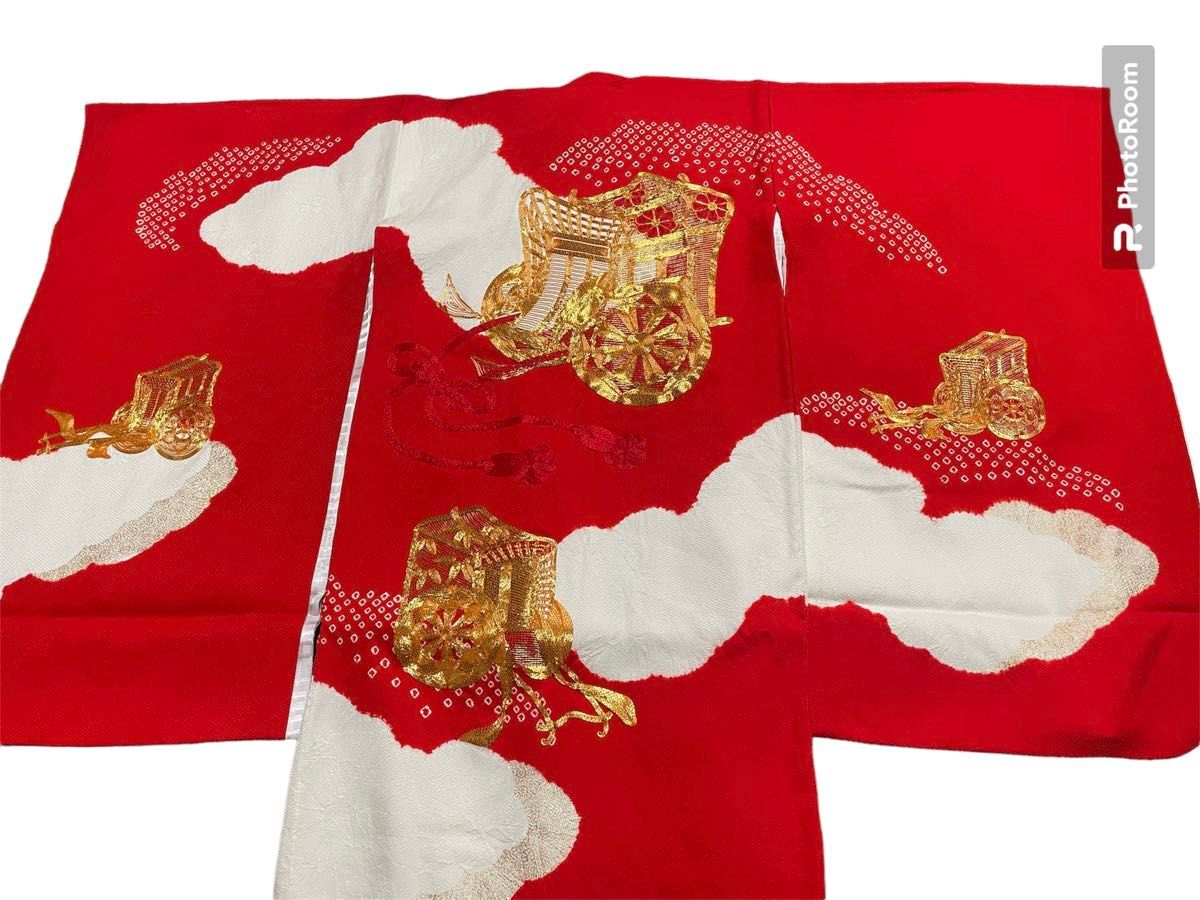 七五三　女の子　着物　セット　長襦袢　金糸　絞り　赤　絹