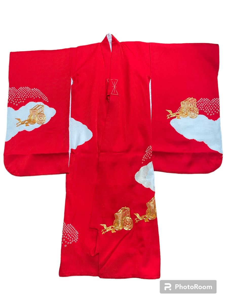 七五三　女の子　着物　セット　長襦袢　金糸　絞り　赤　絹