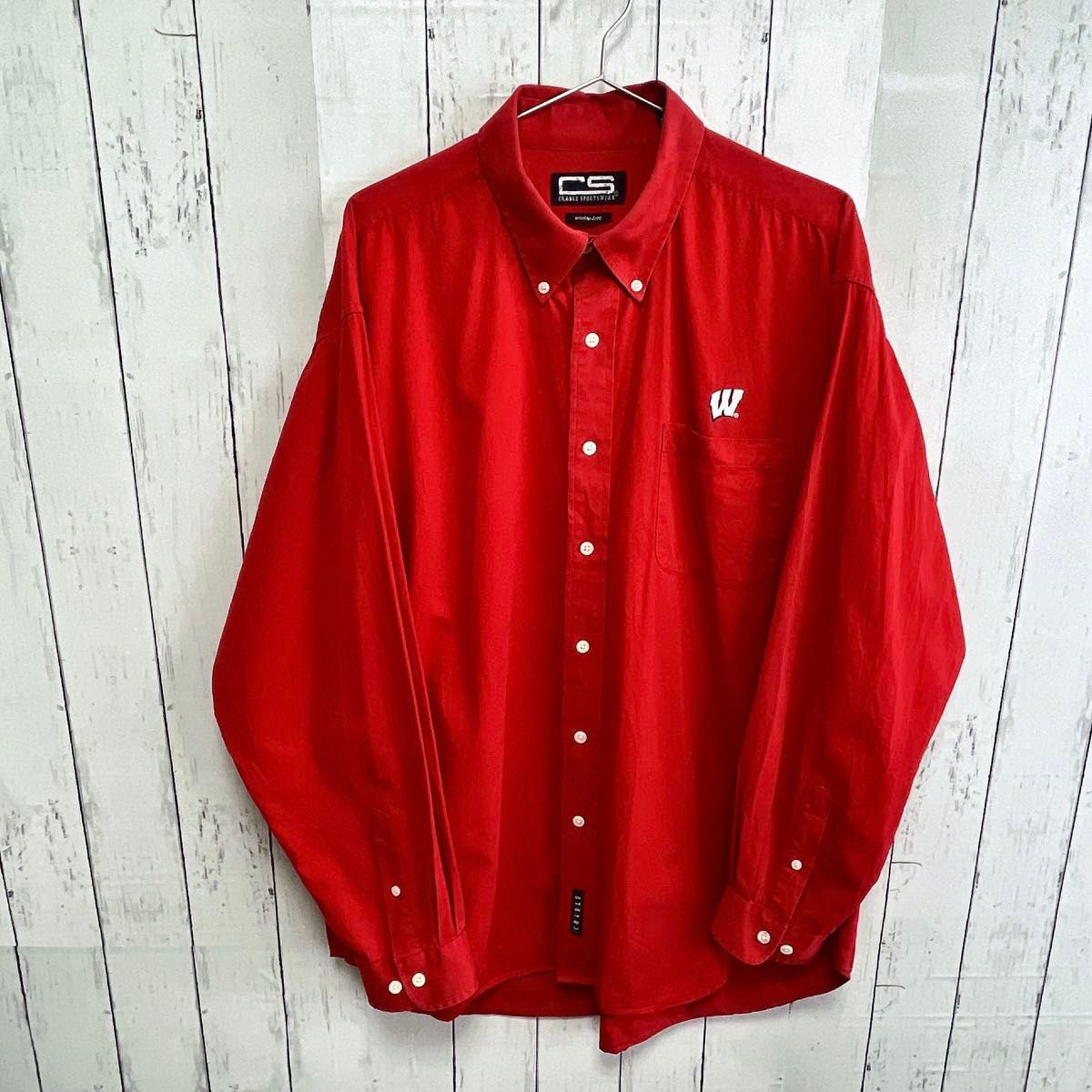 USA古着　ボタンダウンシャツ　XL 　レッド　赤　ワンポイントロゴ　コットン