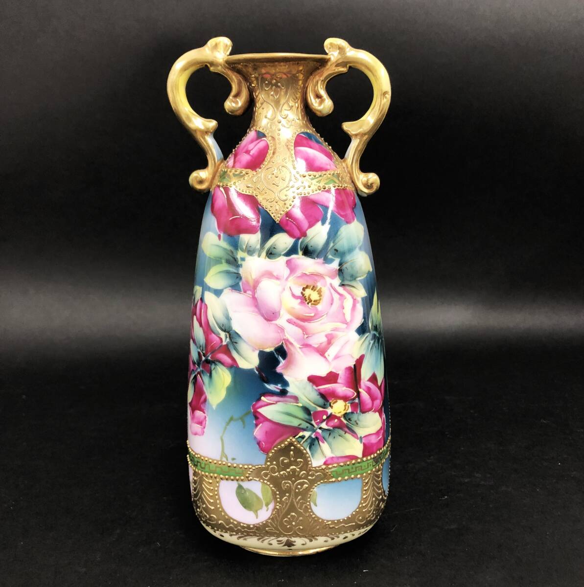 413[ rare goods ]1891~1915 year Old Noritake gold . on both ear ornament . vase antique Vintage flower base Meiji era Taisho era NIPPON