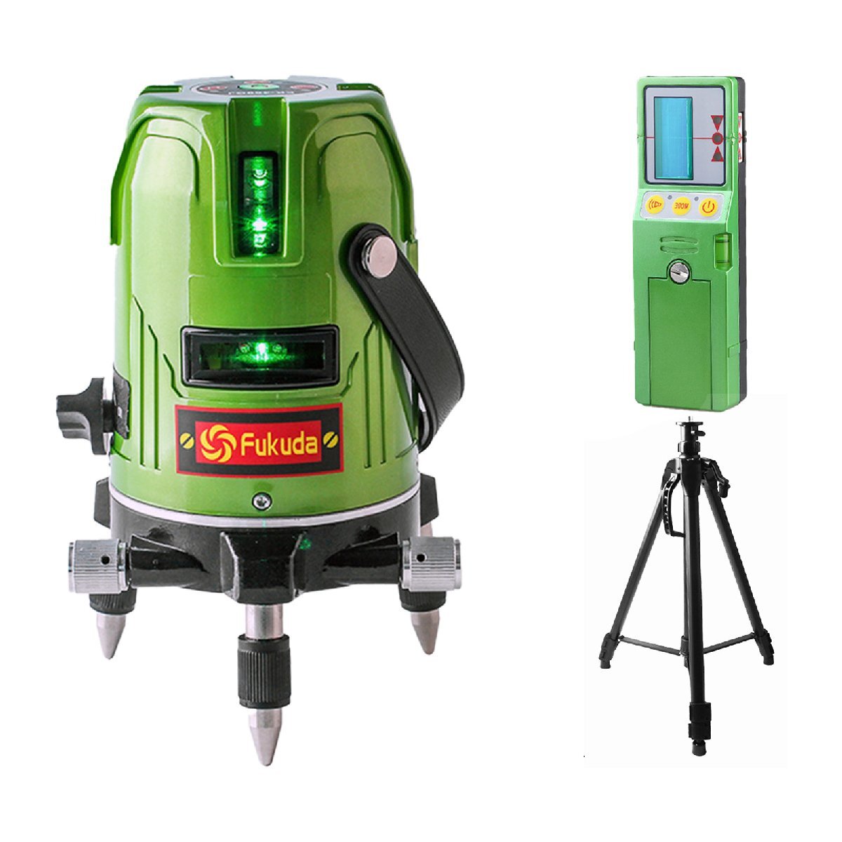 FUKADA 5ライン/グリーン レーザー墨出し器 レーザーレベル/フルライン測定器 /墨つぼ/地墨ポイ/本体+受光器+アルミ三脚(取手付タイプ)1.6m