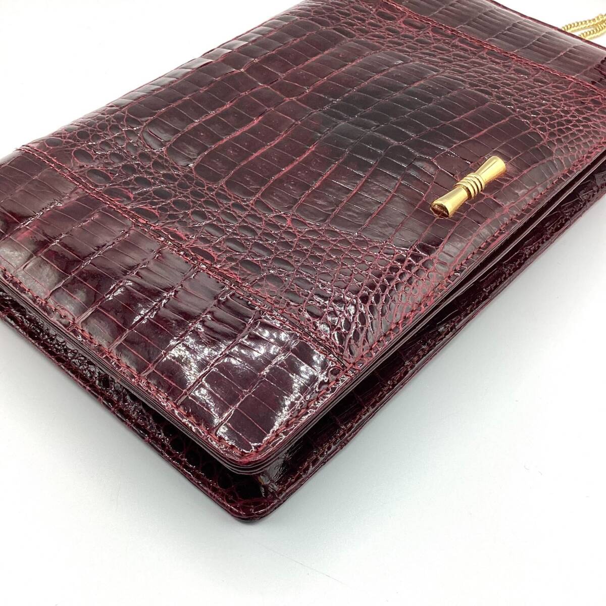 【11301-1】GENUINE CROCODILE SKIN クロコダイル ワニ ショルダー 赤★二次流通品★_角スレ少