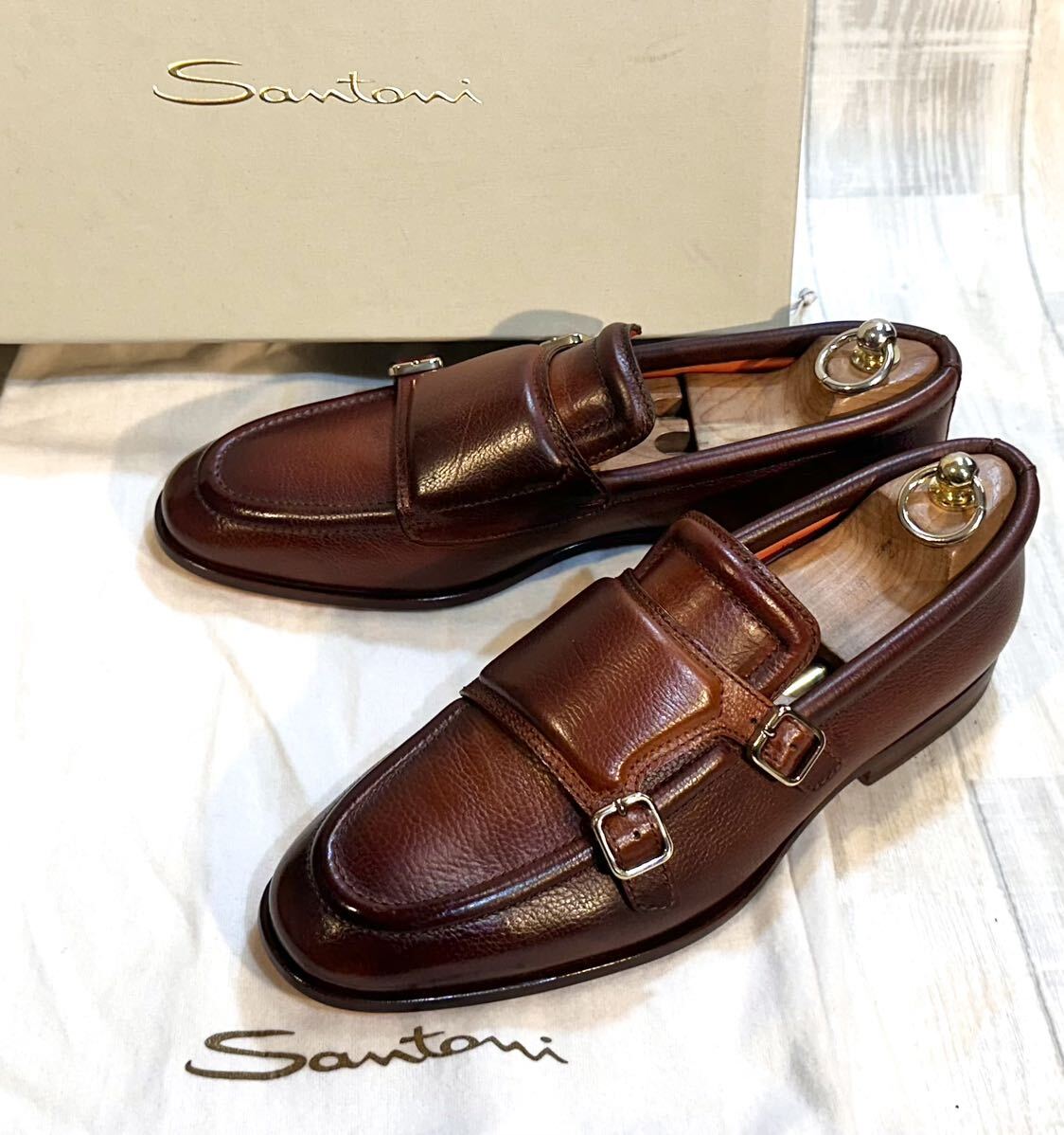 【未使用】Santoni サントーニ◆26.5cm UK8◆ITALY製 ローファー モカシン ダブルモンクストラップ 革靴 ビジネス ドレスシューズ メンズ