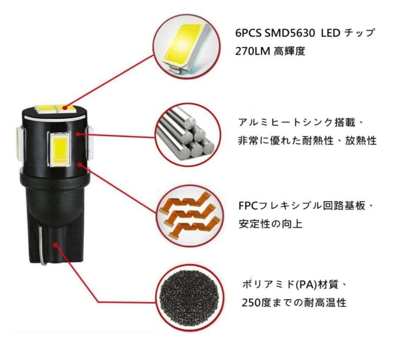 T10 LED バルブ ウェッジ ホワイト 爆光 ポジションランプ ルームランプ 車検対応 5630 SMD 6000K LED電球 10個セット 送料無料 La86の画像4