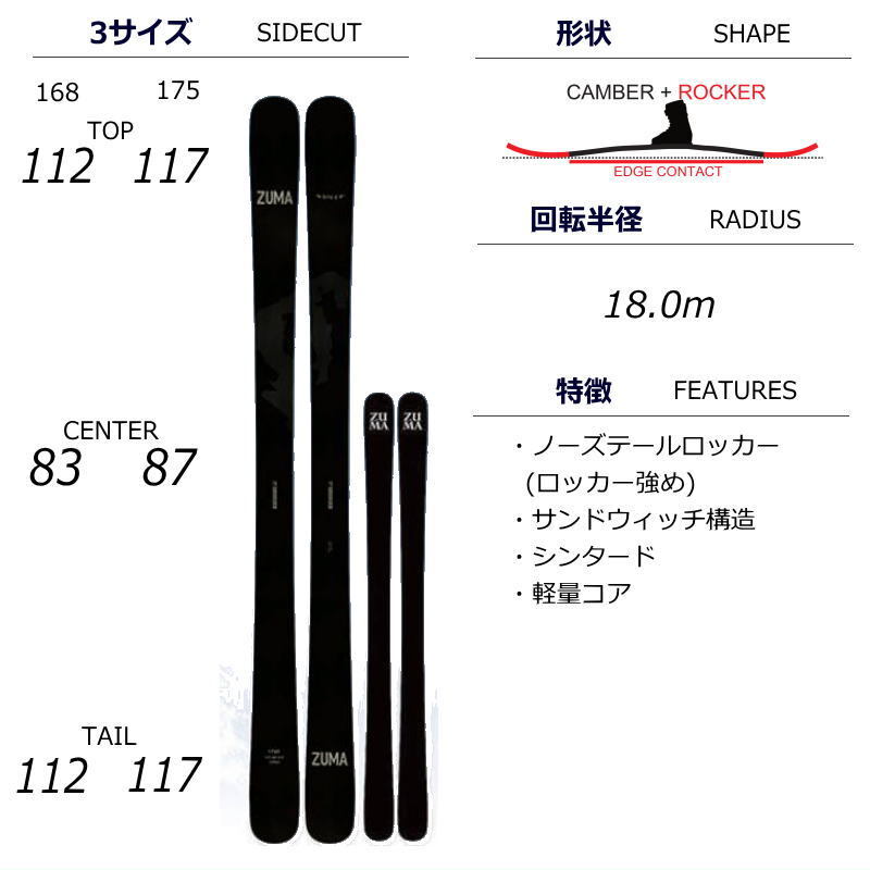 ZUMA Kruz[175cm/87mm幅] 23-24 ツマ クルーズ フリースキー オールラウンド ツインチップ 板単体 日本正規品_画像8