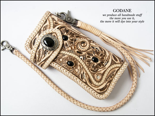 SALE*GODANE Godin special order saddle leather . carving Carving hand made long wallet Biker z wallet 905ox/Soxlp