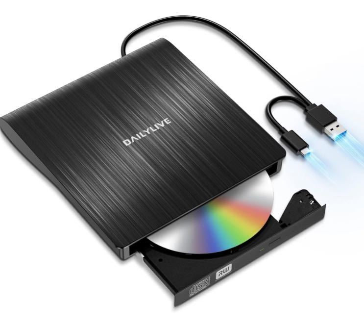 DAILYLIVE 外付けDVD/CDドライブ DVD-RプレイヤーUSB3.0&Type-C両用 内蔵ケーブル Window/Linux/Mac OS対応 読み出し&書き込み エラー校正