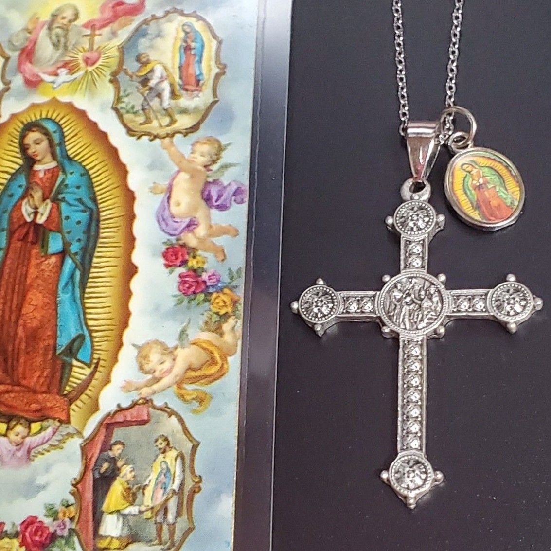 イタリア直輸入 ゴシック十字架ネックレス グアダルーペ聖母メダイ添え＋聖母パウチカード付き