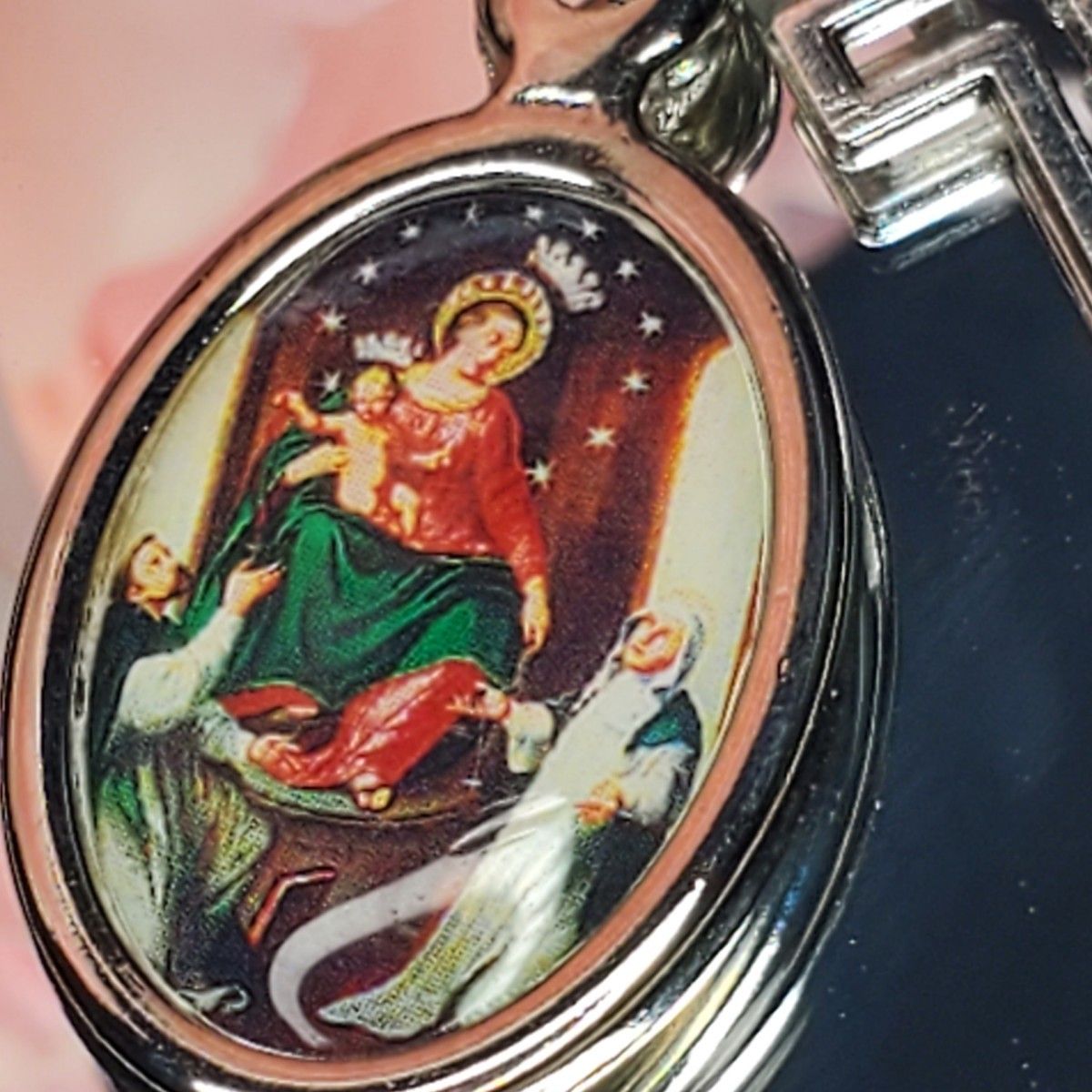 イタリア直輸入 聖母子の恩寵「聖ドミニコ＆聖カタリナ ロザリオメダイネックレス」 -チェーンは アレルギーフリーステンレス製