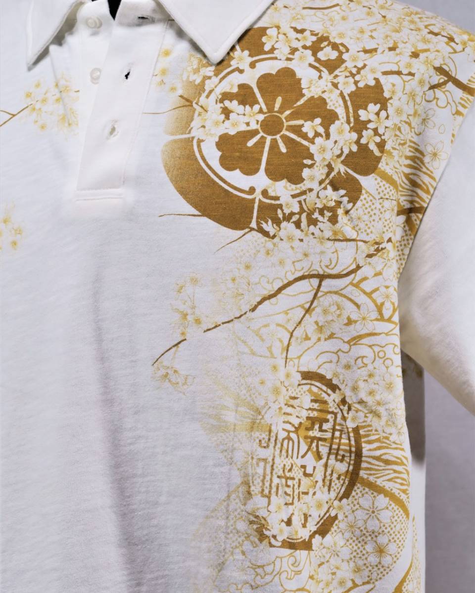 ☆ SALE ☆ 絡繰魂 252566 和柄 織田兜刺繍 半袖ポロシャツ ホワイト Lサイズ ラストの1枚_画像5