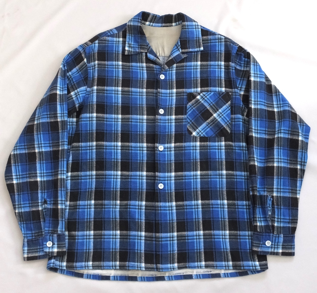 ★50s～60s プリントネル オープンカラー シャツ ブルー×ブラック 美品 ビンテージ ネルシャツ オンブレ★