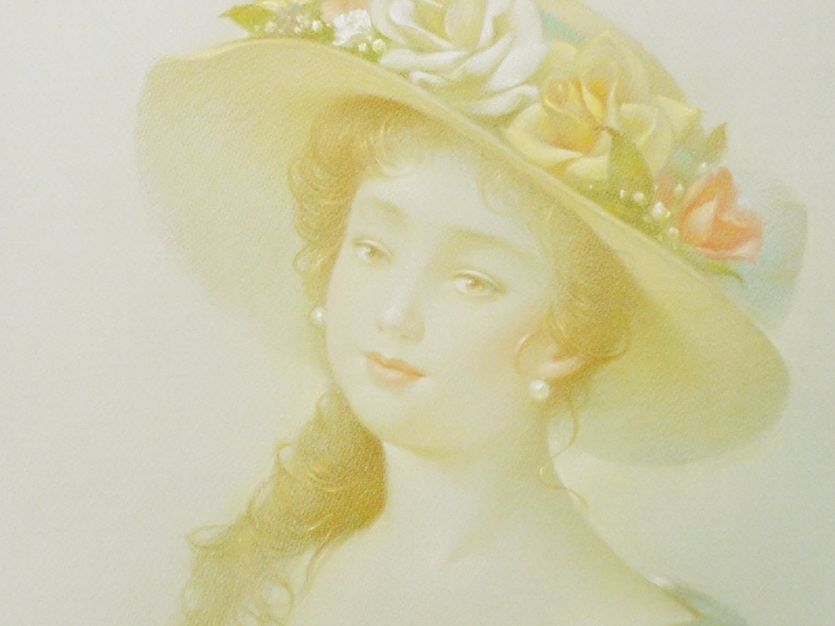 .. flower decoration. hat. young lady ( beauty picture ) pastel frame woman image popular painter piece exhibition great number opening s24030502