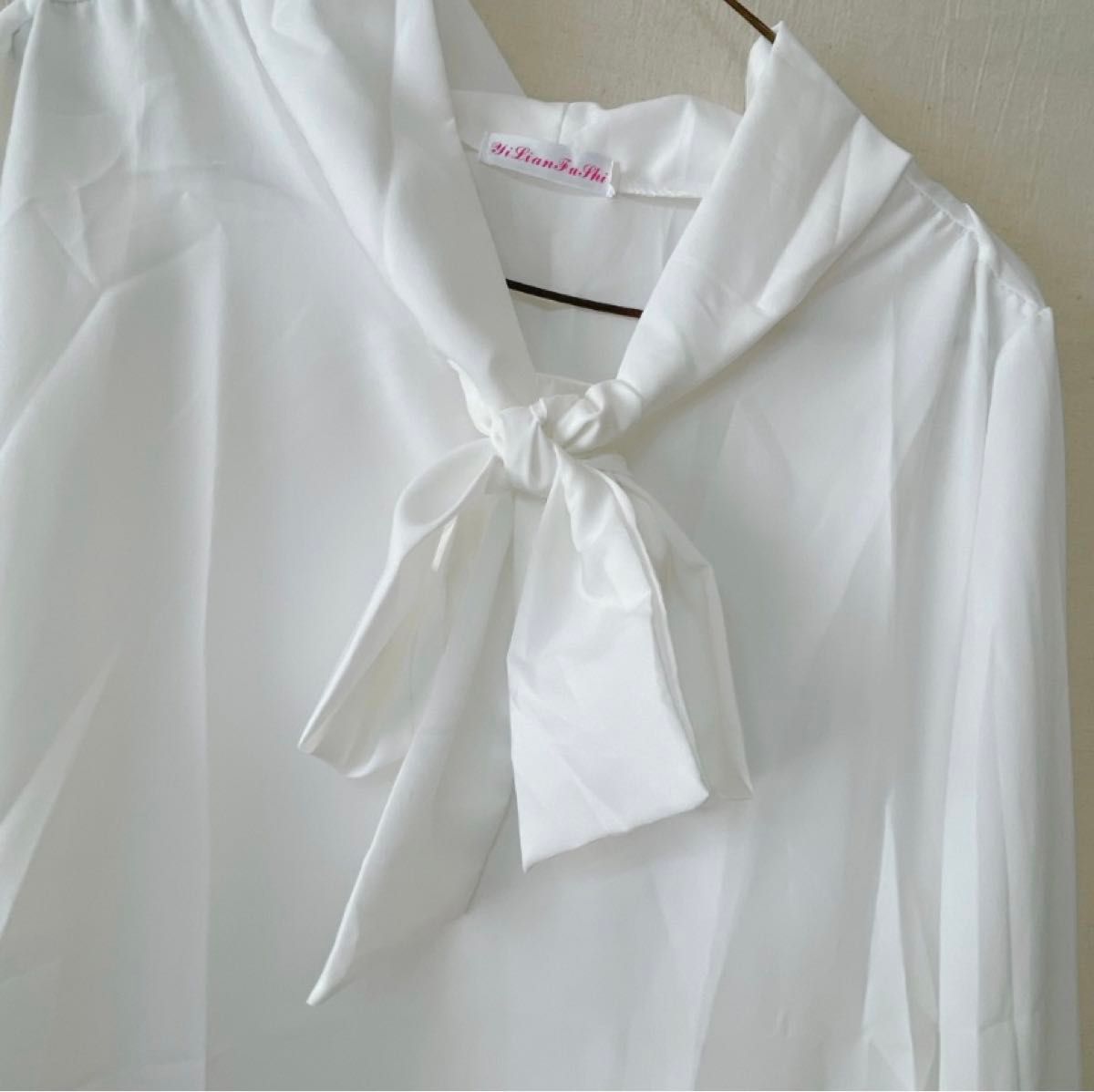 リボンシアーシャツ Lサイズ ホワイト リボン ブラウス シャツ 長袖 ボウタイブラウス シフォン 透け感 入学式 オフィス