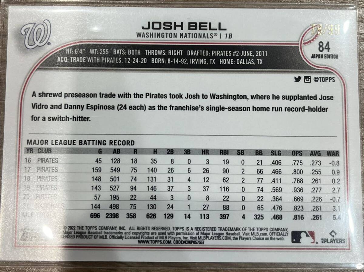 【ベル/Josh Bell】2022 Topps Baseball Japan Edition Purple 桜パラレル 99シリ_画像2