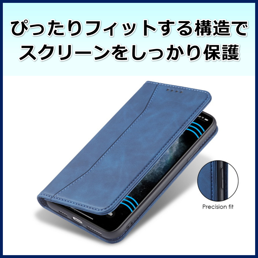 iPhone13 アイフォン 手帳型 スマホ カバー ケース レザー ポケット シンプル ブルー_画像3