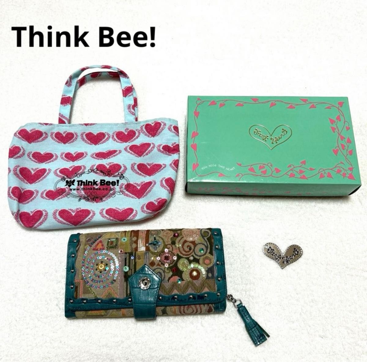 Think Bee! シンクビー　長財布　箱　巾着　チャーム付き　グリーン系