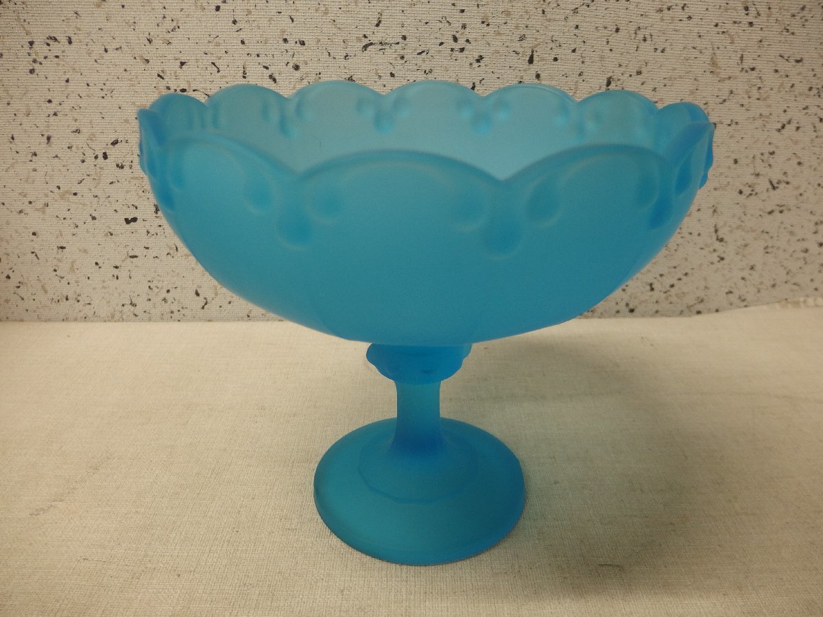 0240108w【INDIANA GLASS 脚付きフルーツ皿 インディアナガラス Garland Bowl】φ21.5×高さ19.5cm程/ブルー/SatinMist Blue/ビンテージ_画像2