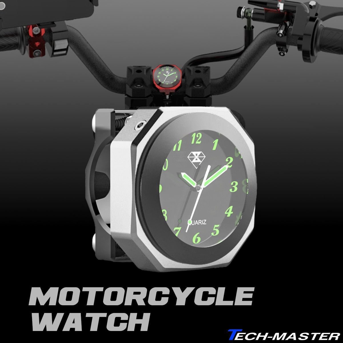 バイク用 時計 ハンドルウォッチ 防水 蓄光 アナログ時計 アルミボディ シルバー SZ766-S_画像1