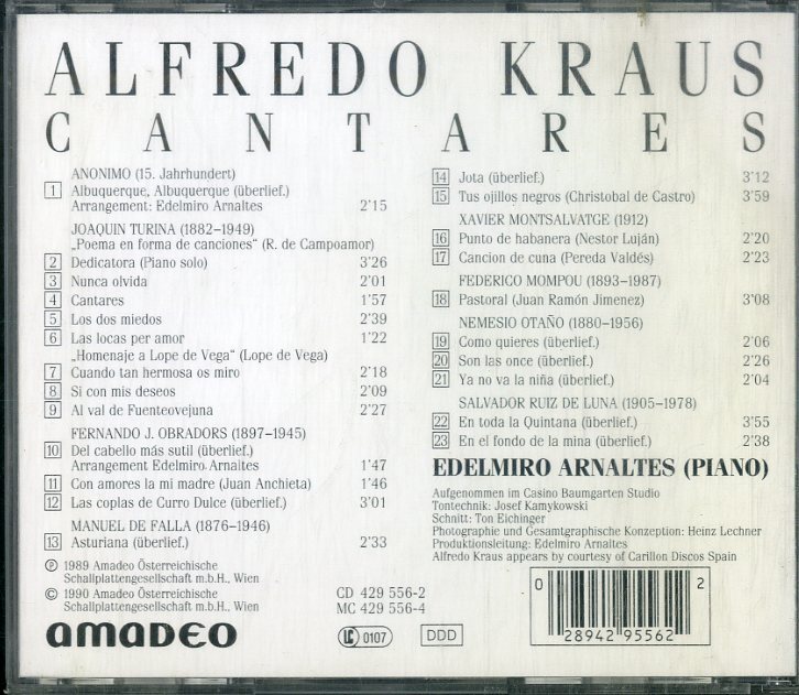 D00151241/CD/アルフレード・クラウス(T) / エデルミロ・アルナルテス(Pf)「Cantares (1990年・429-556-2・現代音楽)」_画像2