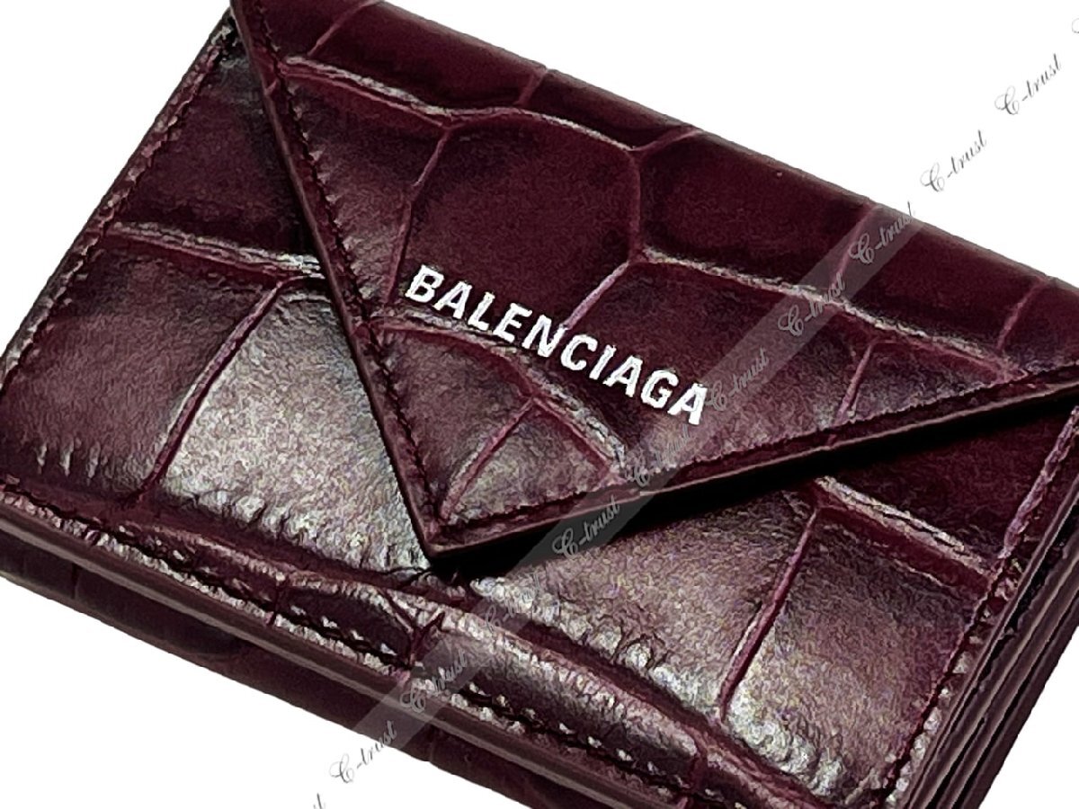 K298.. BALENCIAGA バレンシアガ 財布 カードケース クロコ型押し PAPER MINI WALLET 3つ折り ロゴ イタリア製 ★ 6012 RED PRUNE_画像5