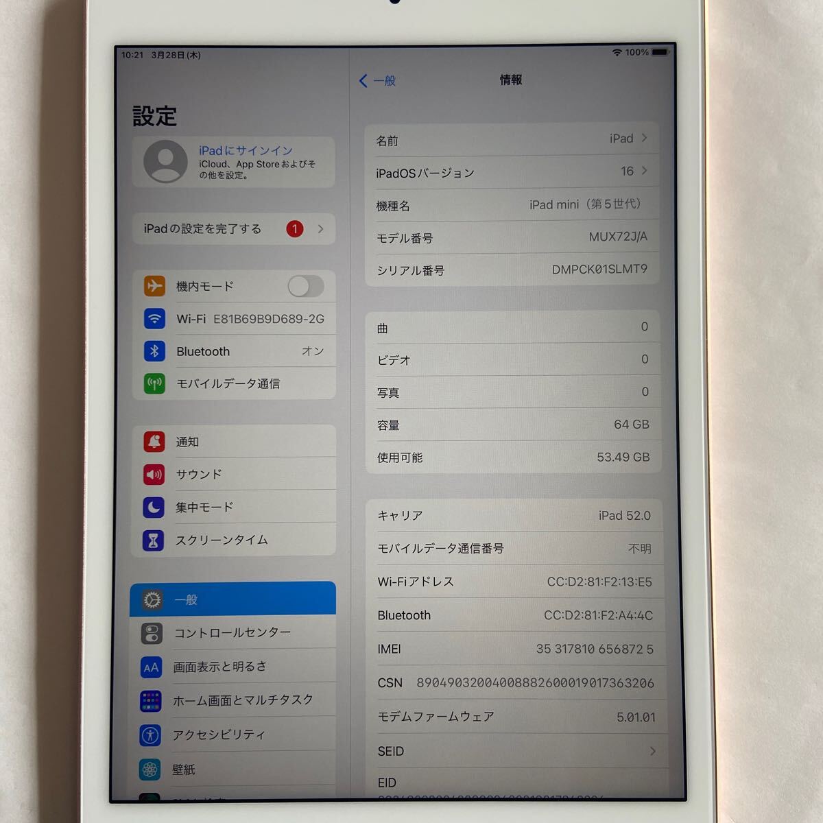 SIMフリーIPad Mini 5 WiFi + Cellular 64GB 