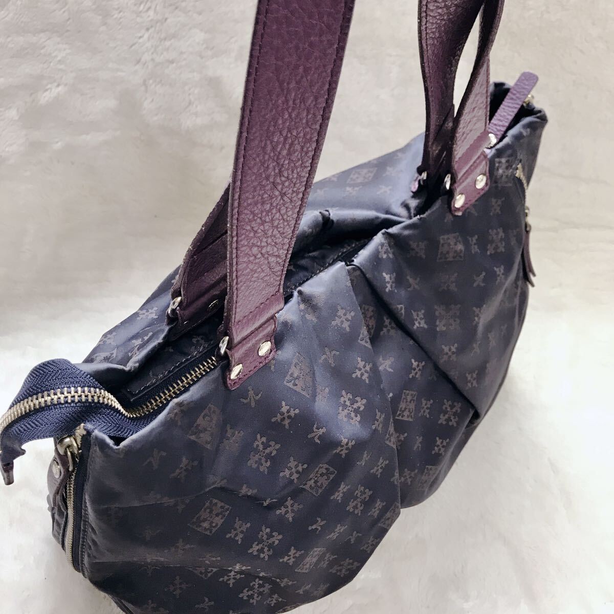  beautiful goods Russet monogram tote bag handbag leather nylon purple russet