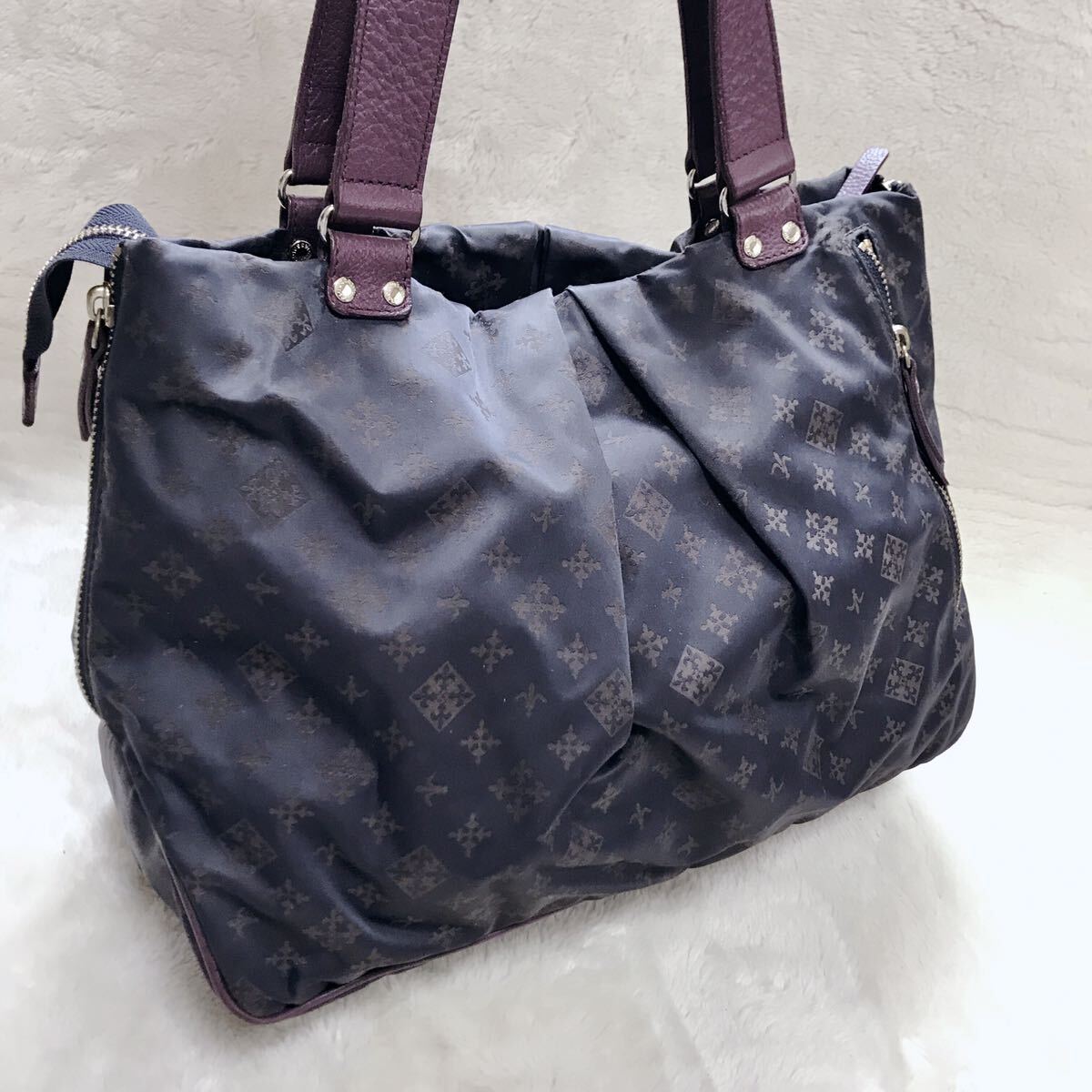  beautiful goods Russet monogram tote bag handbag leather nylon purple russet