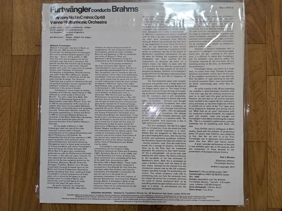 英UNICORN WFS6 フルトヴェングラー・VPO/ブラームス交響曲1番　赤銀文字盤_画像2