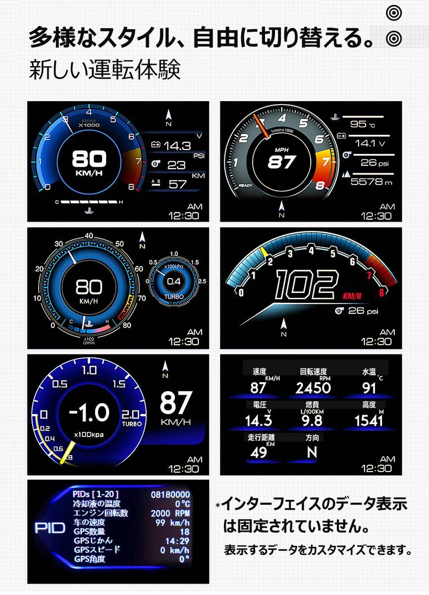 車 自動車 ヘッドアップディスプレイ スピードメータータコメーター GPS+OBD2モード マルチメーター 障害診断 警告機能付き（日本語版）_画像3